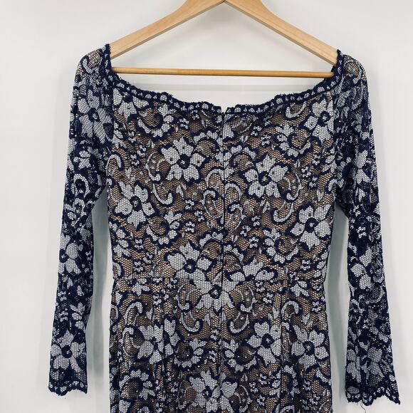 Xscape Off Shoulder Floral Lace Gown Long Sleeve Rhinestone Blue Over Cream 6 - Picture 5 of 8